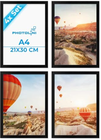 PHOTOLINI Bilderrahmen A4 Schwarz Holz MDF, 4er Set DIN A4 Bilderrahmen schwarz 21x30 cm, bruchsicheres Acrylglas, picture frame zum Aufhängen & Aufstellen, Rahmen mit Zubehör 30x21 für Fotos, Poster