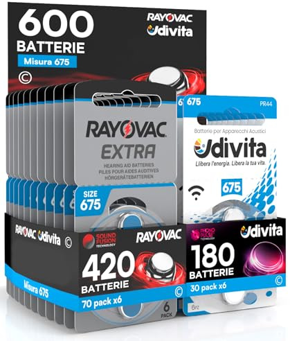 600 Batterie per Apparecchi Acustici Misura 675 PR44 Blu Zinco-Aria Phono Pulse Technology in 10 Blister da 6 Pile - 600 Batterie: 420 Rayovac + 180 Udivita