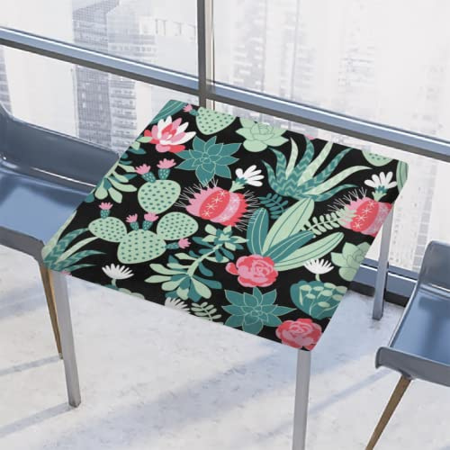Mantel cuadrado para mesa de suculentas, cactus con flores con borde elástico, impermeable, de poliéster, para decoración de patio, para interiores y exteriores, 46 x 46 pulgadas