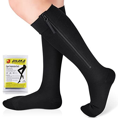 Ailaka Classe 1 Medicale Soutien Graduel Bas De Compression, Bas De Contention Homme Femme, 15-20mmhg Chaussettes de Compression Avec éclair Indiqué pour Voyages Jambes Enflées Course Vols(Noir, 2XL)