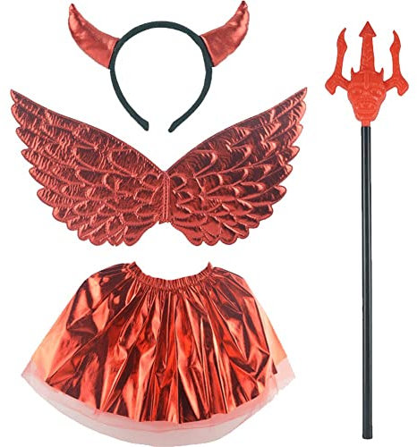 Vepoty Halloween Devil Kostüm Set 4pcs Teufelshörner Form Stirnband Flügel Zepter Cosplay Kostümanzug Für Halloween -Party