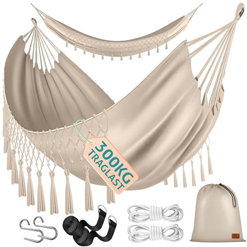 KESSER® Hängematte 320x150 cm belastbar bis 300 kg, wetterfeste & atmungsaktive Tuchhängematte mit Fransen für 1-2 Personen – Ideal für Camping, Garten & Outdoor, inkl. Beutel, Seile & Gurte, Beige