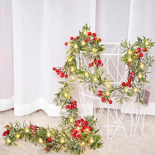 Christmas Garland String Lights, Garland Decorations Christmas 5.9Ft Long with Red Berries Green Leaves 40 LED Lights for Christmas Tree Decorations Xmas Decoration Indoor
