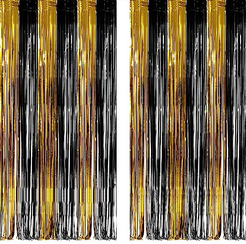Black and Gold Foil Fringe Party Backdrop - GREATRIL Tinsel Curtain Streamers for New Years Eve 2026 Prom Retirement Farewell Cocktail EID Graduation Birthday Party Decorations - 1m X 2.5m - 2 Packs