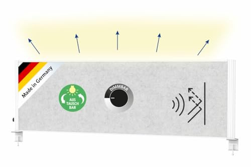 MAUL Tischtrennwand hellgrau MAULconnecto Uplight weißer Rahmen LED-Uplight | mehr Ruhe am Arbeitsplatz, stufenlos anpassbare Helligkeit, angenehmes Raumlicht, sicherer Klemmfuß, einfache Kantenmontage