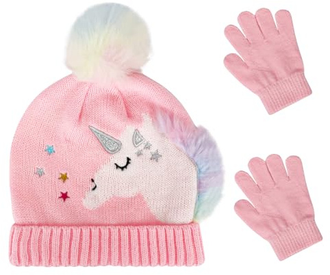 QKURT Kids Knitted Hat Gloves Set, Winter Warm Beanie Gloves Thermal Lined Hat Mittens Set Unicorn Pattern for 3~5 Years Old Kids Children Girls, Winter Accessories