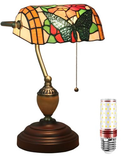 Uziqueif Retro Tiffany Style Tischlampe/Bankerlampe - E27 Schreibtischlampe mit Zugkettenschalter und 1 Leuchtmittel, Legierungsbasis - für Büro,Hause,Wohnzimmer,Schlafzimmer,Esszimmer,Butterfly b