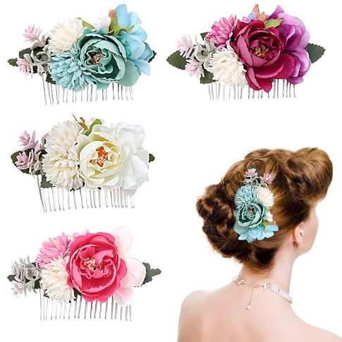 ZSMJAER 4 Stück künstliche Blumen Metall Haarkämme,Seitenkamm mit Zahnschieberknopf Rosenblüten-Haarspange,Damen-Haarschmuck,Haarknoten,Blumenmädchen,Brautjungfer,Brautschmuck
