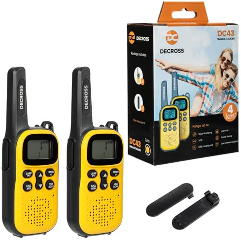 DC DECROSS Walkie Talkie Kinder und Erwachsene, 2er-Set Walki Talki bis zu 4 km, PMR446 16 Kanäle, VOX, Taschenlampe, Geschenk Jungen Mädchen 4, 5, 6, 7, 8 Jahre, Wanderungen, Camping (Gelb)