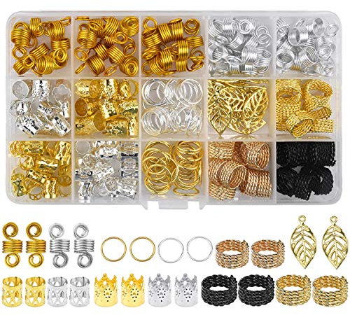 Azonelife 200 Pieces Hair Cuffs and Braid Rings, Aluminum Hair Coil Dreadlocks Accessories Metal Hair Cuffs Hair Braid Rings Clip Beads for Hair Decorations Pendants Hair Jewellery