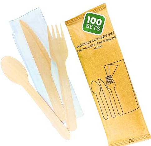 DISPOSABLE GREEN® | Individual Wrapped Wooden Compostable Cutlery Set, Each Set Includes 16cm Long Fork, Knife, Spoon and a Napkin- 100 Sets