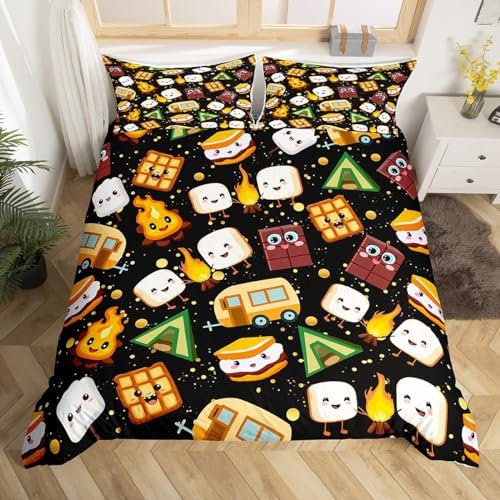Homemissing Cute S'Mores Bettwäsche Set 155x220cm für Kinder Marsh Mallow Cookie Bettbezug Set Cartoon Camping Auto Betten Set Dekoration Schwarz Bettdeckenbezug Bettwäsche Sammlung 2Stück