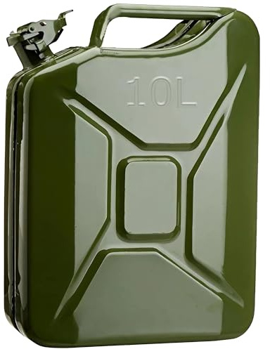ESTO Benzinkanister aus Metall, Militärgrün, Fassungsvermögen 5 l, 10 l, 20 l, mit oder ohne Ausgießer, Sicherheitsverschluss, rostfrei, zertifiziert für den Transport gefährlicher Güter 10 Liter