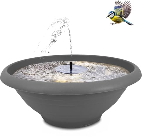 XL Solarbrunnen Set für draußen 50 cm Schale grau - Dekoschale und Schwimmende Solar Springbrunnen Fontäne als Outdoor Wasserspiel - Außen Gartenbrunnen als Balkon Vogeltränke, Garten Vogelbad