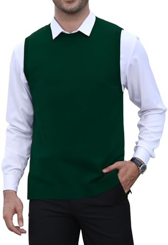 KUYIGO Men's Pullover Crew Neck Sweater Slim fit Lightweight Knit Sleeveless Vest M Dark Green