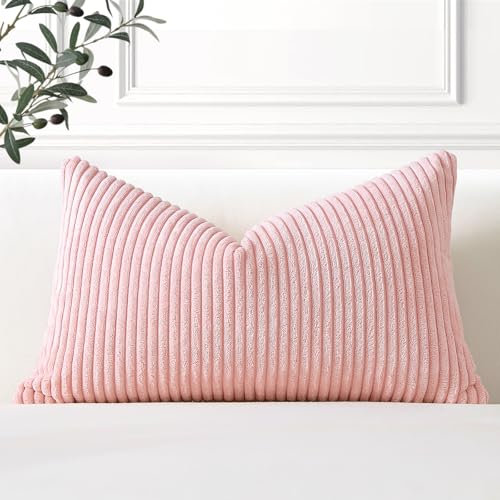 Artscope Cozy Striped Corduroy Cushion Cover 30x50cm Super Soft Decorative Oblong Throw Pillow Covers Case for Sofa Couch Bedroom Car Decor 12 x 20 Inches, Pink