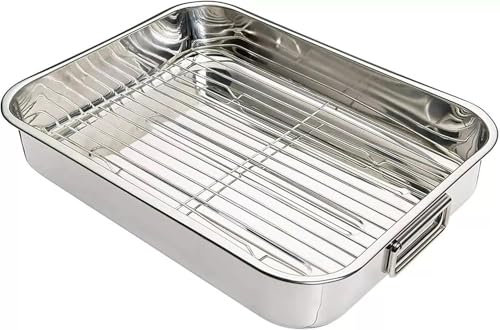 Stainless Steel Oven Trays Pan Set,Roasting Tin with Rack,Heavy Duty Baking Tray,Durable Oven Dish,Roasting Pan for Cooking, Grilling and Bakeware -Cooking Trays for Oven with Removable Grill Silver