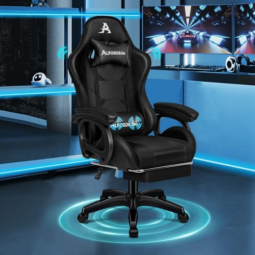 ALFORDSON Massage Gamer Stuhl, Computer Bürostuhl mit Fußstütze, 2-Punkt-Massage Stuhl 180kg Belastbarkeit, 90-150° Rückenlehne einstellbar Ergonomischer PC Stuhl, 360° drehbar, Schwarz