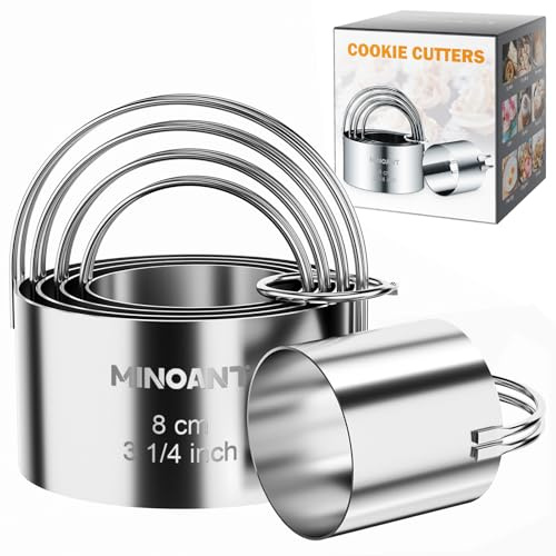 Round Cookie Cutters with Handle - Donut Hole Cookie Biscuit Cutter Set(5 Pieces/Set), Stainless Steel Circle Cutters Donut Cutter Mold Tool with Ring for Baking, Biscuits, Cakes, Sandwiches