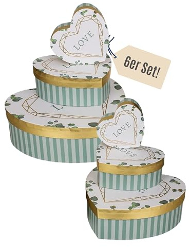 Out of the Blue Geschenkbox Herz Love 6er Set – Weiß-Grün-Gold – Hochwertige Geschenk Box mit Deckel aus stabilem Karton – Perfekt für Geburtstag, Hochzeit & Valentinstag