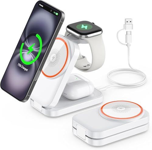 Wireless Charger, Foldable 3 in 1 Wireless Charger Stand for Apple Watch 9/8/7/6/SE/5/4/3/2, For Airpods Pro/3/2,Fast Charging Station for iPhone 16/15/14/13/12/11/XS/XR/X/8 (White)