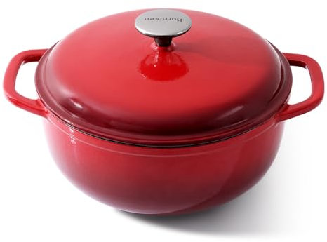 Kordisen Casseruola in Ghisa Smaltata 28 cm/5.7L con Coperchio, per Cuocere il Pane a Lievitazione Naturale, Adatta al Forno Fino a 260°C, Robusta e Capiente, Rossa