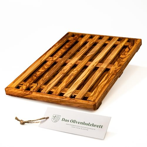 DAS OLIVENHOLZBRETT®Brotschneidebrett/mit Auffangbehälter/35cm x25cm | mit Krümelrost zum Auffangen der Krümel/Brotbrett aus Olivenholz/ leicht zu reinigen