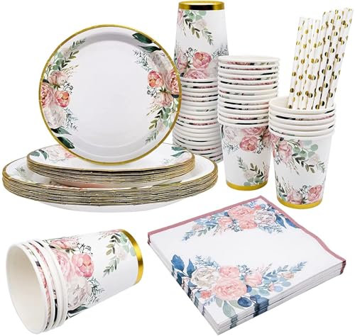 Fahibin 80pcs Floral Party Tableware Set, Wedding Floral Tableware Paper Plates Cups and Napkinsfor Birthday Party, Baby Shower, Wedding