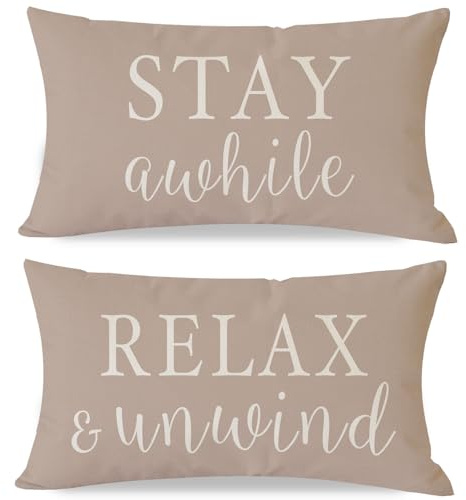 PANDICORN Decorative Throw Pillow Covers 12x20 Inch Set of 2 Stay Awhile Relax & Unwind Beige Outdoor Farmhouse Neutral Decorations Cozy Lumbar Cushion Cases for Home Living Room Sofa Couch Decor