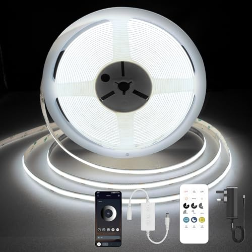 TTWAY Striscia LED COB 5 m, striscia LED bianca fredda 6000 K, 24 V, dimmerabile, CRI92, larghezza 8 mm, con telecomando e alimentatore, per decorazione domestica, cucina, specchio.