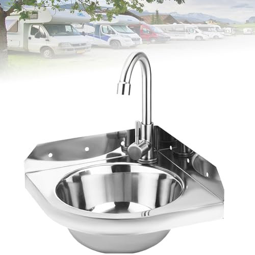 Évier triangulaire en acier inoxydable, évier d'angle mural, 1 ensemble d'évier for camping-car, évier portable d'extérieur, lavabo avec robinet, idéal for salle de bain, restaurant, toilettes