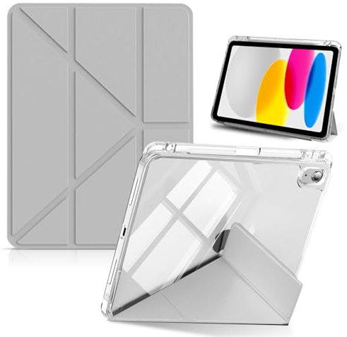 HinZann Funda para iPad (A16) 11 Generación 2025 11 Pulgadas/iPad 10 Generación 2022 10,9 Pulgadas con Soporte, Cuero de PU + Funda Protección Transparente Trasera, Auto-Reposo/Activación - Gris