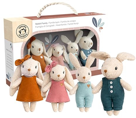 Speedy Monkey Set famiglia di coniglietti pasquali in miniatura in lino certificato FSC con genitori e 2 coniglietti – gioco di finta casa delle bambole famiglia per bambini, bambini piccoli, ragazze