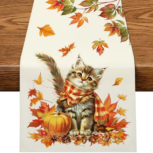 PITMT Chemin de Table Automne, 40x140 cm Nappe Automne avec Chat Feuilles d'Érable Citrouilles Cuisine Table Décoration, Chemin de Table Decoration Automne pour Décoration Intérieur Vacances Fête
