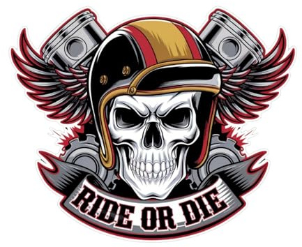 Pegatina Biker “Ride or Die” – Calavera con Casco, Alas y Pistones – Vinilo 10x8 cm Impresa con Tintas Ecosolventes – Adhesivo Impermeable para Moto, Casco, Coche – Exterior Resistente, Diseño a Color
