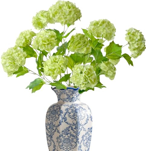 ASTRYAS 6Pcs 26.8'' Artificial Snowball Viburnum Flowers, Snowball Lifelike Latex Long Stem Real Touch Green Fake Small Hydrangea Flower for Home Party Outdoor Wedding Table Centerpiec Decor(Green)