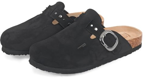 PERLETTI Sabot Donna Comode Leggere Effetto Scamosciato - Ciabatte Invernali Estive Casa Suola Antiscivolo Chiuse con Fibbia - Pantofole da Donna Sandali Comfort Borchie Ragazza (Nero, EU 37)