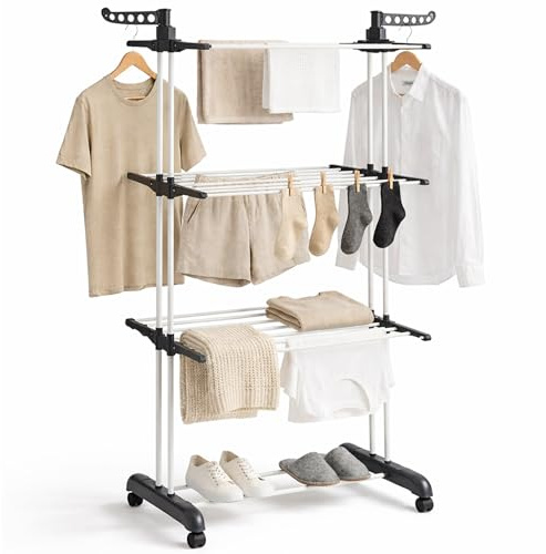 edihome, Tendedero Vertical, Plegable, 4 Niveles con Alas Laterales, Acero Inoxidable, 35 kg Capacidad, con Ruedas, Ahorra Espacio, Interior y Exterior (Gris/Blanco)