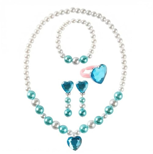 5 Pcs Kids Jewelry Set Handmade Pearl for Girls, Purple Heart Pendant Toddler Jewelry with Stretch Necklace, Bracelet, Adjustable Ring and Clip Earrings, Lovely Beaded Accessories for Dress (Blue)