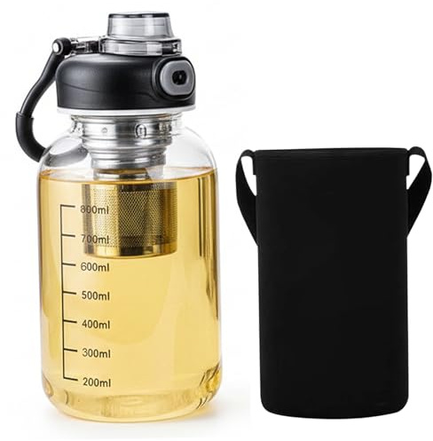 BeVistoso Teeflasche mit Sieb, 1 l Glas-Trinkflasche für Reisen, schwarz, Borosilikat mit herausnehmbarer Teesieb-Schutzhülle und sicherem Verschlussdeckel