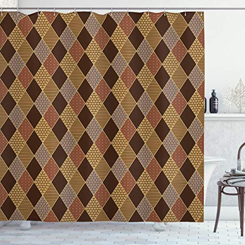 ABAKUHAUS Karo Duschvorhang, Klassische Rautenmuster, Stoffliches Gewebe Badezimmerdekorationsset mit Haken, 175 x 200 cm, Pale Brown Zimt