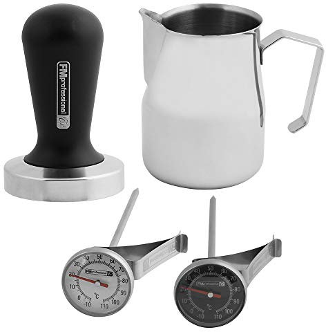 FMprofessional Barista Set, Tamper für das ideale Kaffeemehl, Milchkännchen für den perfekten Milchschaum, Kaffee-Thermometer (Menge: 1 Set mit 3 Produkten, insg. 4 Teile)
