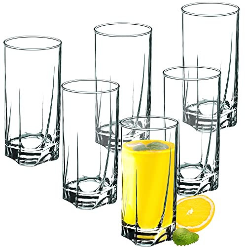 KADAX Vasos Altos de Vidrio Transparente de 380ml, Set de Cristalería de Diseño Elegante para Bebidas Frías y Cócteles, Aptos para Lavavajillas (Juego de 6)