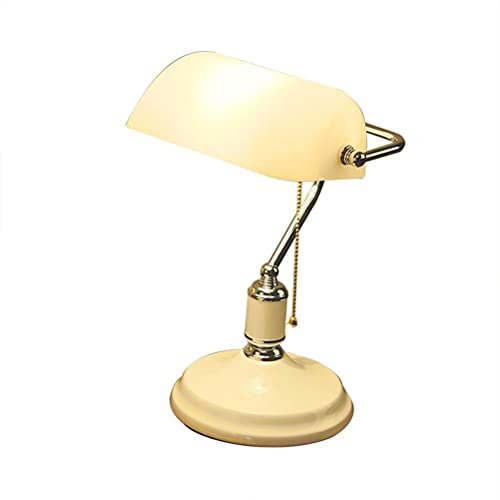 Lampada da tavolo tradizionale ​lampada da banchiere con interruttore a tirante, Lampada da Scrivania stile antico Lampada da comodino bianca Paralume in vetro regolabile Lampada da lettura da ufficio