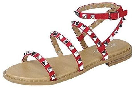 Flache Damen-Sandalen mit Nieten, über den Zehenbereich, Rot/Ausflug, einfarbig (Getaway Solids), 37 EU