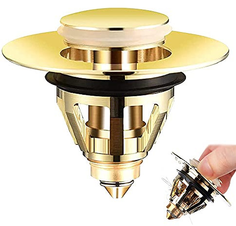 Ablaufgarnitur Waschbecken, Waschbeckenstöpsel, Pop-up-Stopper, Bounce-Core-Filter, Edelstahl Kein Überlauf Universal Stöpsel Waschbecken mit Korb für Küche, Bad, Badewanne (Gold)