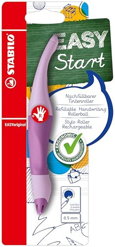 STABILO - Ergonomischer Tintenroller für Rechtshänder - EASYoriginal Pastel in Schimmer von Lila - Einzelstift - Schreibfarbe blau (löschbar) - inklusive Patrone