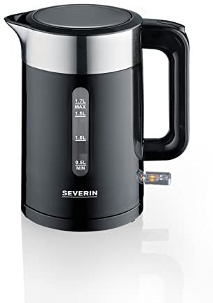 SEVERIN Wasserkocher, praktischer, kabelloser Wasserkocher mit 1-Hand Bedienung und 1,7 Liter Fassungsvolumen, BPA-Frei, Edelstahl-gebürstet/schwarz, Küchengeräte WK 9265