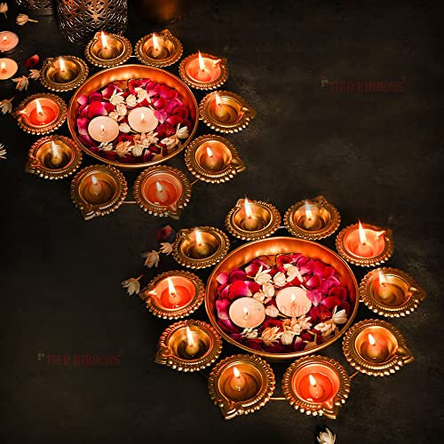 TIED RIBBONS Urlis for Decoration Indian | Iron, 9.5 Inch | Set of 2 | Diya Shape Flower Decorative Urli Bowl for Indian | Urli Bowl with Diya for Home, Indian Decorations, Wedding, Christmas Decor