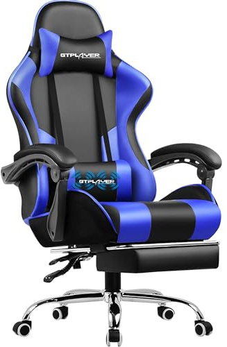 GTPLAYER Bürostuhl Gaming Stuhl Gaming Sessel Ergonomischer Gamer Stuhl mit Fußstütze, Kopfstütze Lendenkissen, Gepolstert Gaming Chair, Drehsessel Kunstleder-Himmelblau